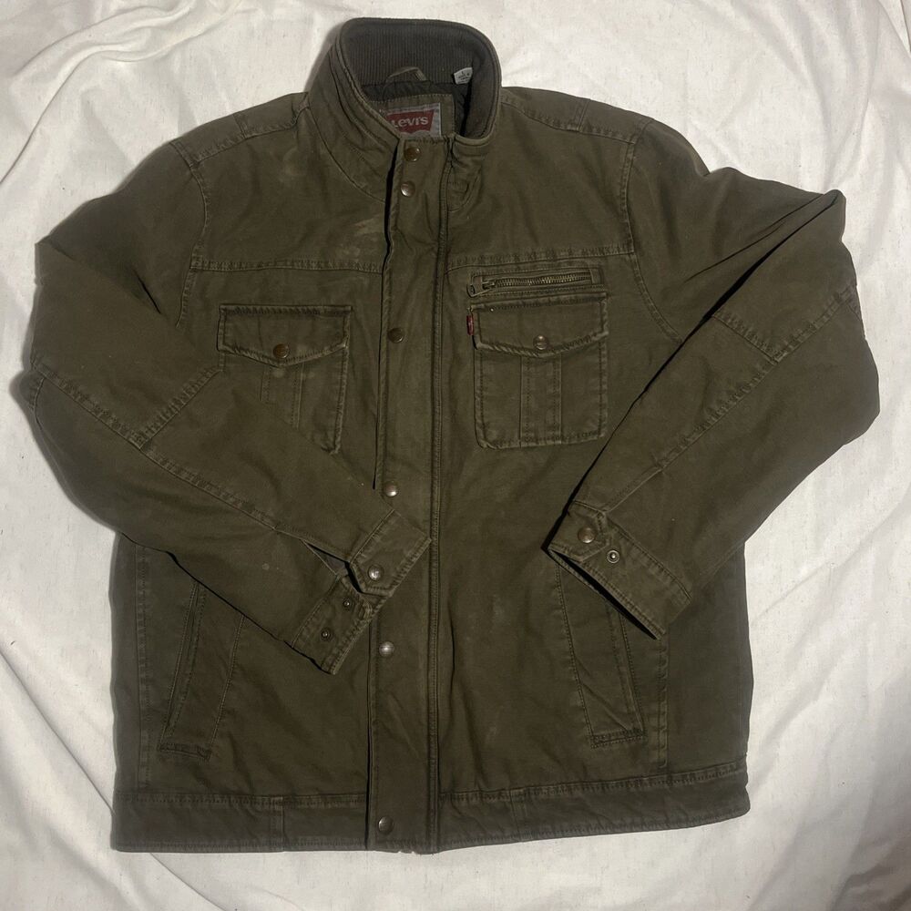Levis Jacket Mens Large Brown Canvas Quilt Lined Insulated Utility Field Trucker